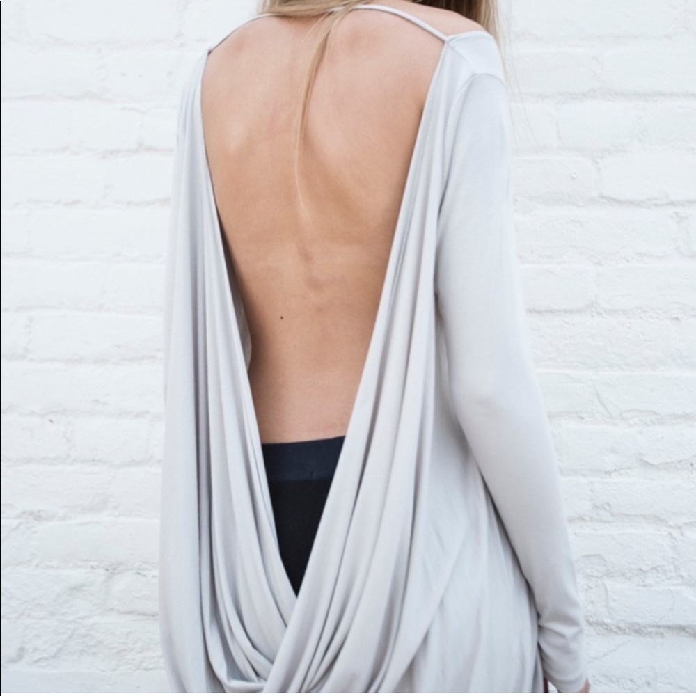 Joah Brown Long Sleeve Semi-sheer Open Back Drape Tunic Top